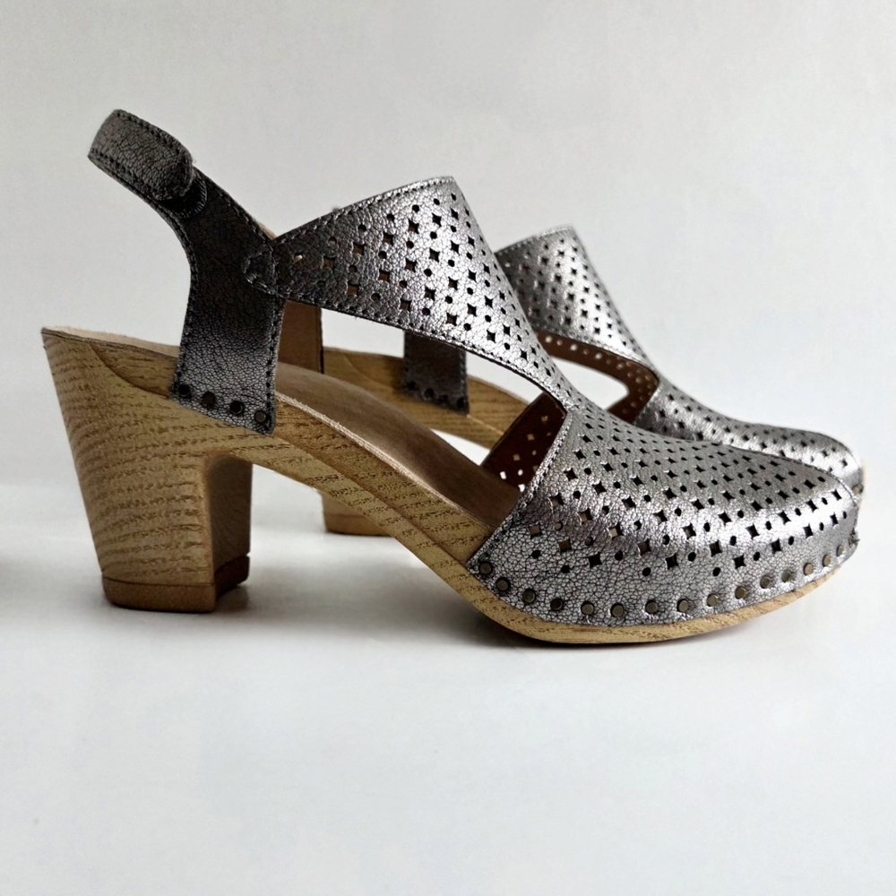 Dansko Teagan Heeled Sandals W/Peep Toe, Metallic Gunmetal Size 38 / US 7.5-8 - Picture 4 of 16